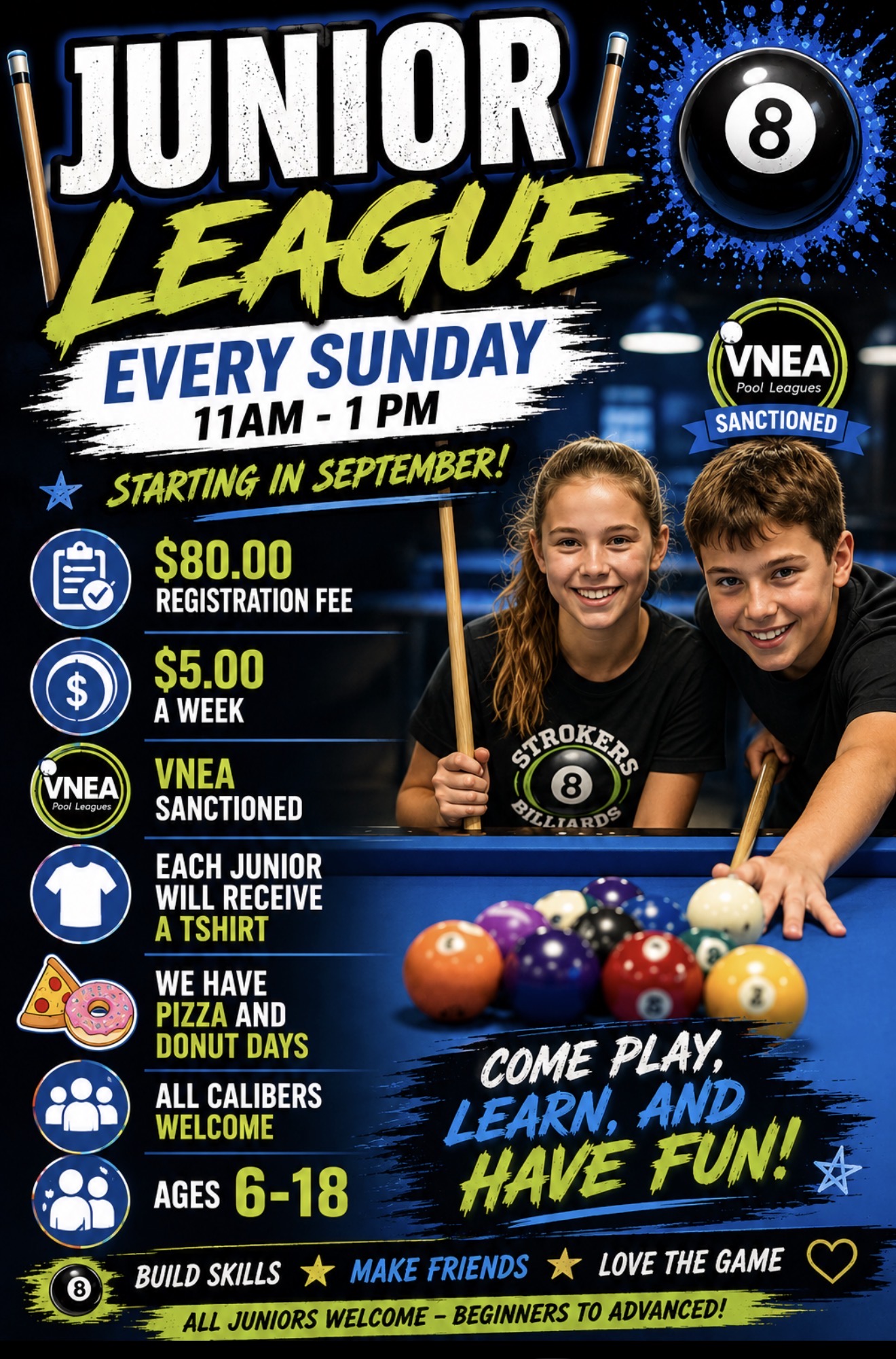 Strokers Billiards Junior League - every Sunday, ages 6 to 18