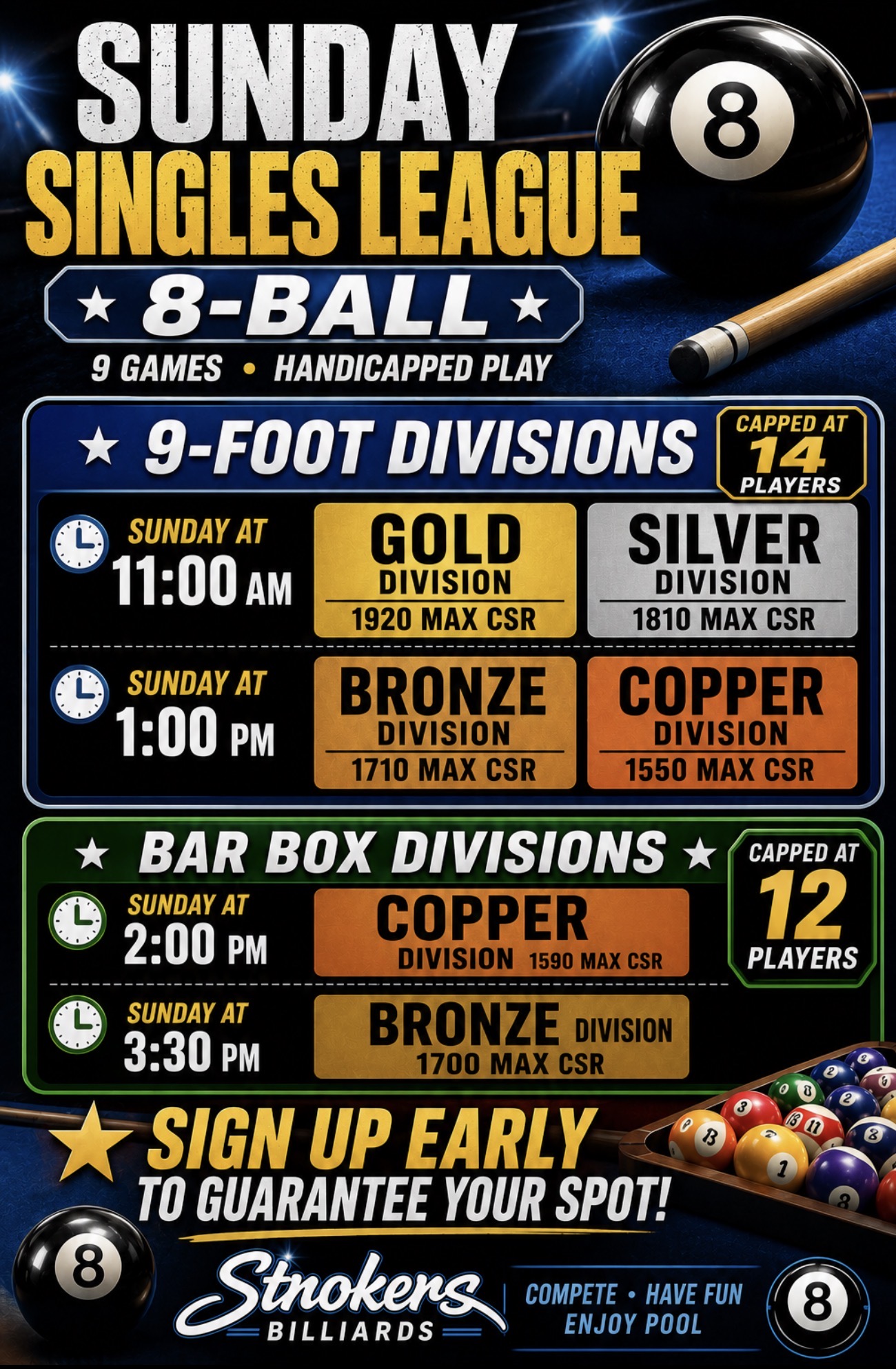 Strokers Billiards Sunday Singles League - division times and caps